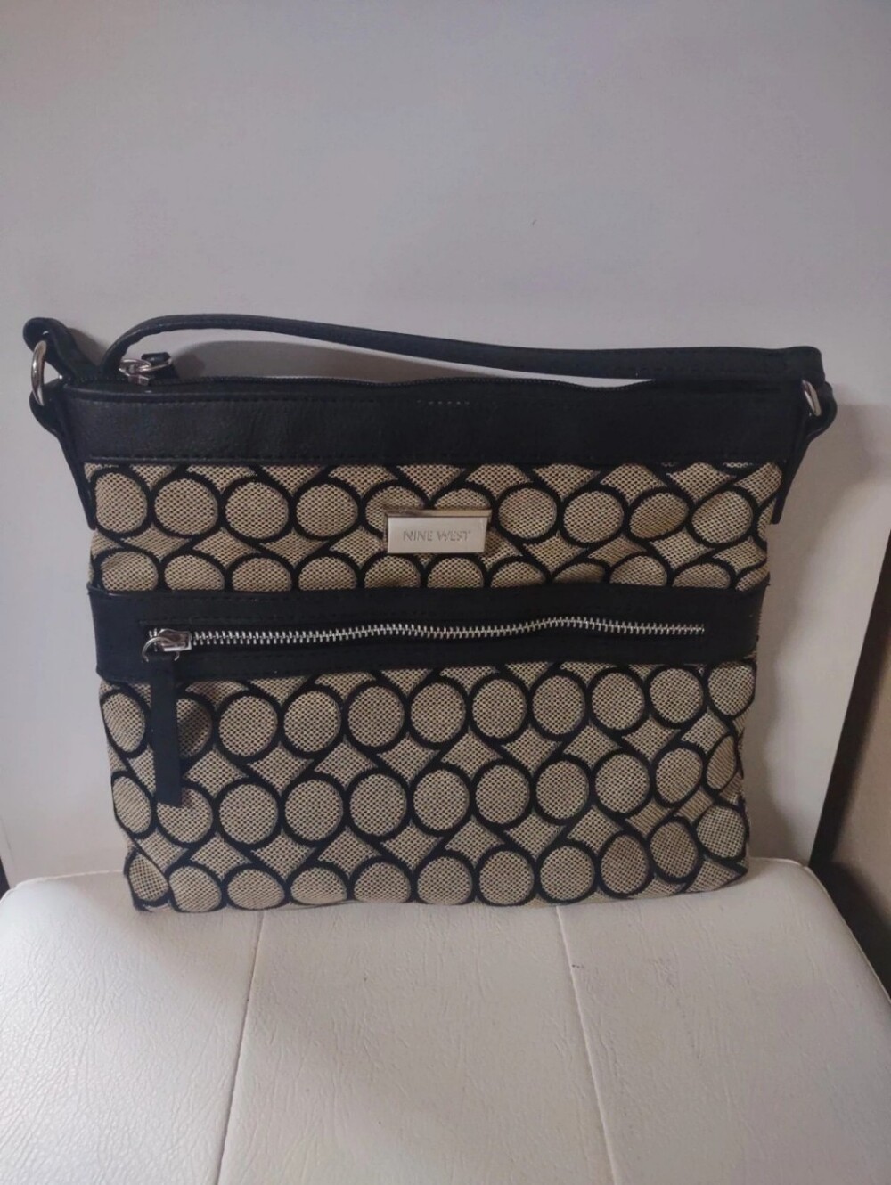 Nine West Geometric Graphic Print Canvas Crossbody Bag, Tan/Black Pattern,EUC